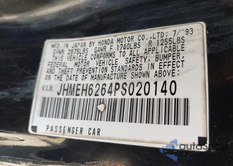 1993 Honda Civic Del Sol Si from USA, damaged, VIN JHMEH6264PS020140